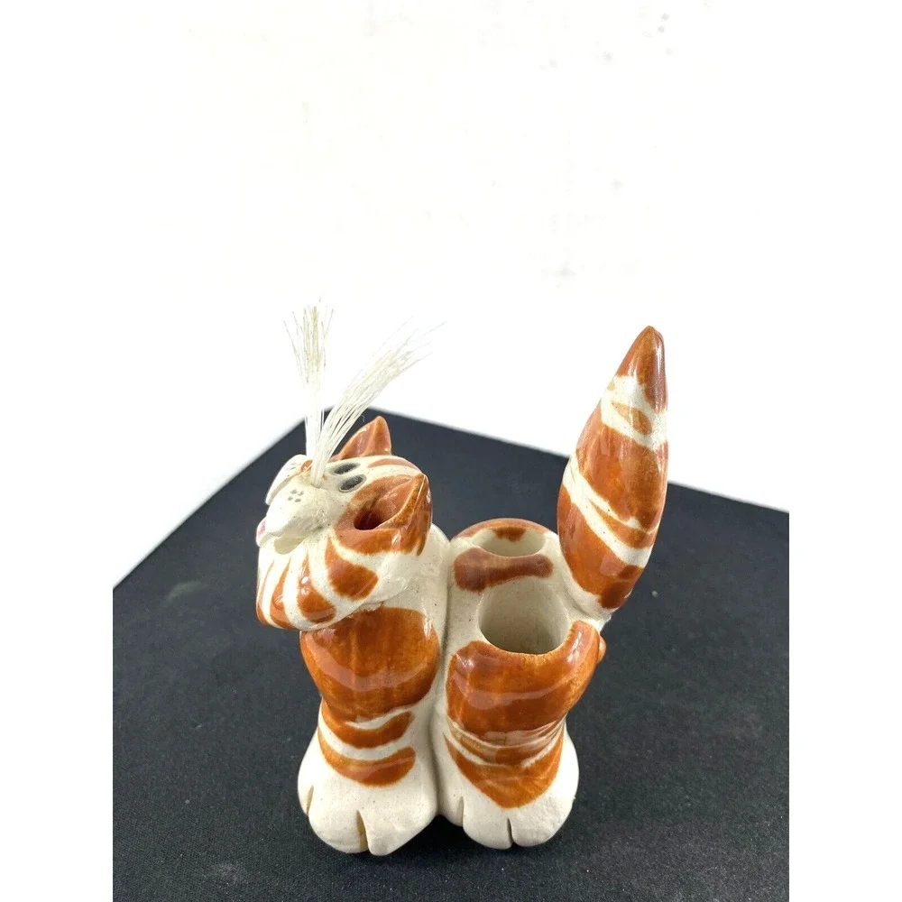 Vtg Striped Cat Pencil Holder Ceramic Handmade Gift Signed Anatomically Correct
